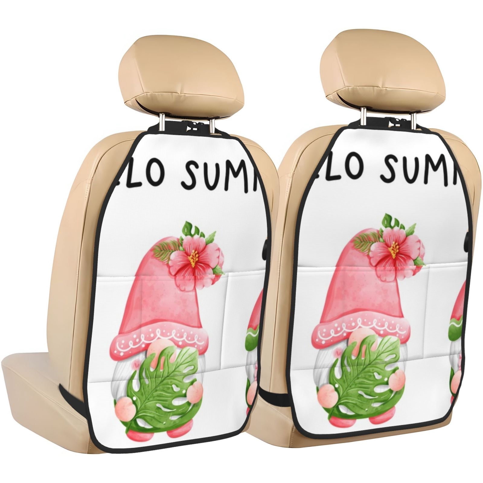 Kdxio Hello Summer Gnome Print 2 Pack Car Kick Mat Seat Cover Back Protector Mat with Pockets for Organizer Backseat Protector and Storage Anti Kick Pad for Vehicles