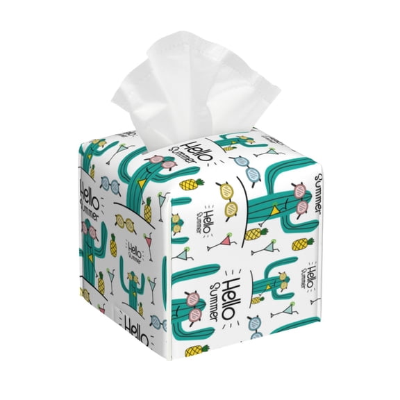Kdxio Hello Summer Print Tissue Box Cover,Square Decorative PU Leather Facial Paper Case Organizer Holder Dispenser for Bathroom,Night Stands,Desk,Car 5.2''X5.2''X5.2''