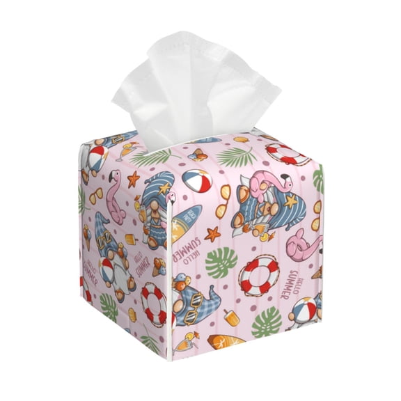 Kdxio Hello Summer With Gnome Print Tissue Box Cover,Square Decorative PU Leather Facial Paper Case Organizer Holder Dispenser for Bathroom,Night Stands,Desk,Car 5.2''X5.2''X5.2''