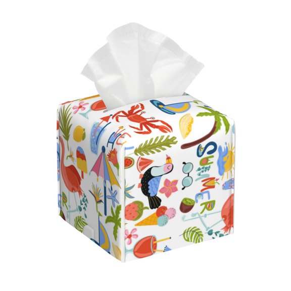 Kdxio Hello Summer2 Print Tissue Box Cover,Square Decorative PU Leather Facial Paper Case Organizer Holder Dispenser for Bathroom,Night Stands,Desk,Car 5.2''X5.2''X5.2''