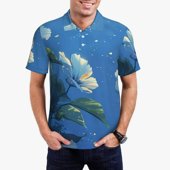 Kdxio Hibiscus Flowers Calm Water Print Men's Short Sleeve Polo Shirt,Midweight Men's Shirt-3X-Large