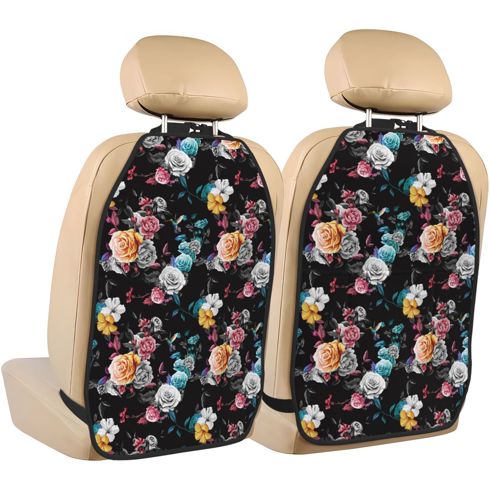 Kdxio Hibiscus Rose Print 2 Pack Car Kick Mat Seat Cover Back Protector Mat with Pockets for Organizer Backseat Protector and Storage Anti Kick Pad for Vehicles