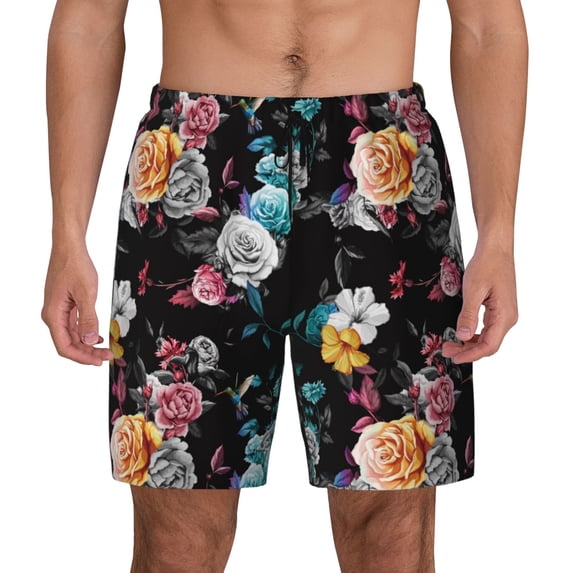 Kdxio Hibiscus Rose Print Men's Swim Trunks with Compression Liner 7 Inch Inseam Quick Dry Swim Shorts