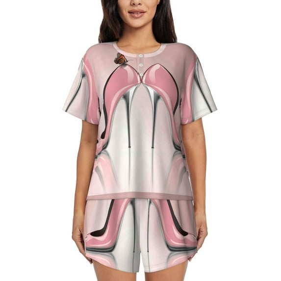 Kdxio High Heel Shoes Butterfly Print Pajamas Sets for Women Short-Sleeved Pjs with Lounge Shorts Two Piece Sleepwear S-4XL