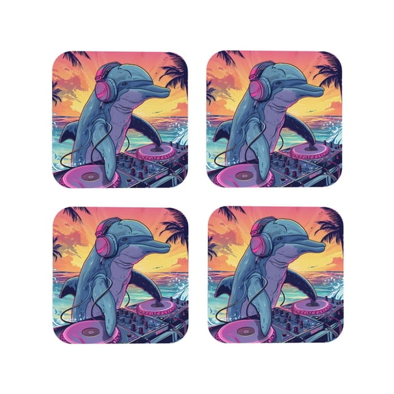 Kdxio Hip-Hop DJ Dolphin Funny Coasters,4 Pcs Leather Coasters,Housewarming Gifts,Protect Furniture from Water Marks Scratch and Damage