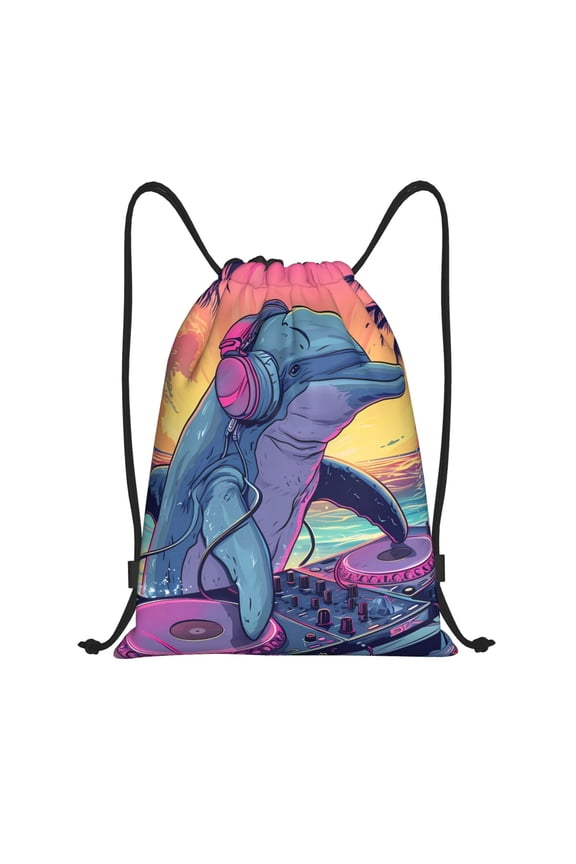 Hip-Hop DJ Dolphin Print Drawstring Backpack Bag,Waterproof Draw String Back Sack, Gym Drawstring Bags Swim Bag For Unisex