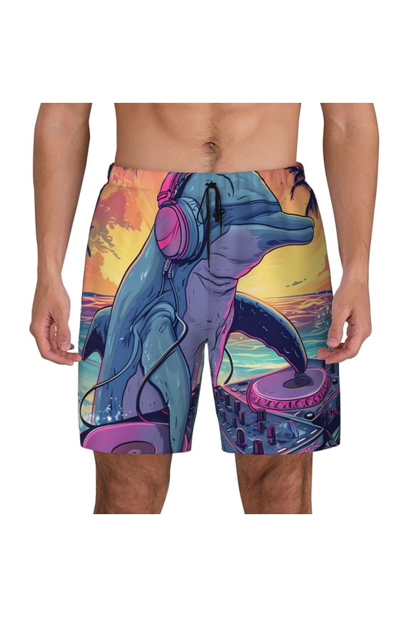 Hip-Hop DJ Dolphin Print Men's Swim Trunks with Compression Liner 7 Inch Inseam Quick Dry Swim Shorts