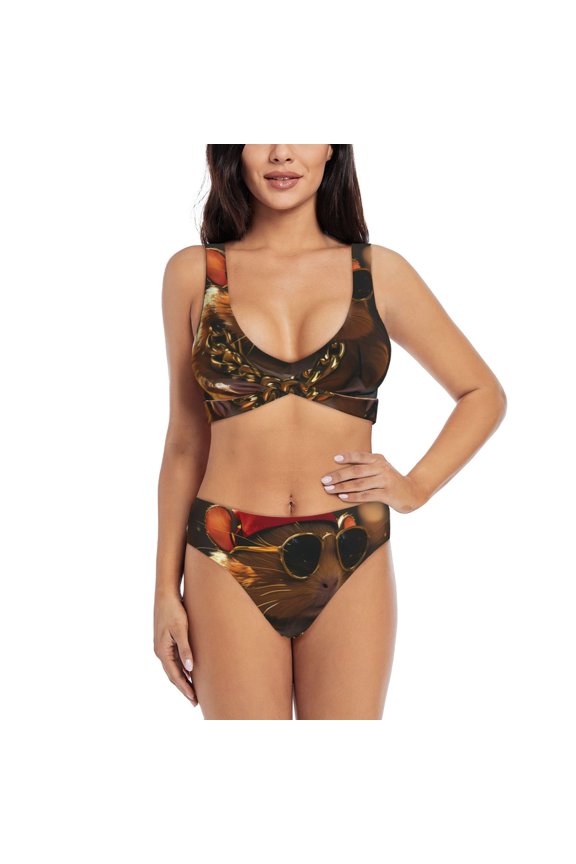 Hip-Hop Guinea Pig. Print Women's 2 Piece High Waisted Wrap Spaghetti Strap Summer Swimsuit Bikini Set-XX-Large