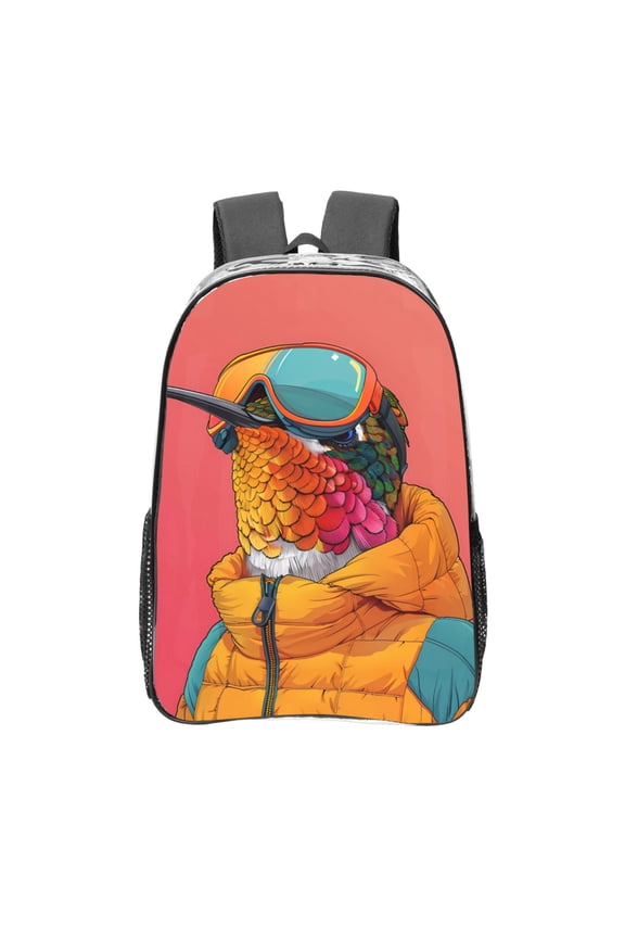 Hip Hummingbird In Jacket Clear Backpack, Transparent Bookbag for School for Women Men, Capacity Clear Bag for College, Travel