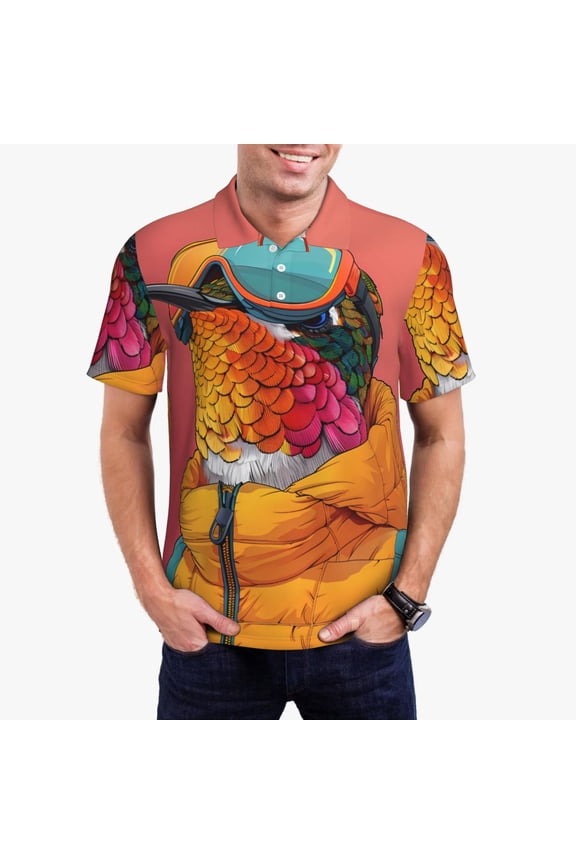 Hip Hummingbird In Jacket Print Men's Short Sleeve Polo Shirt,Midweight Men's Shirt-XX-Large