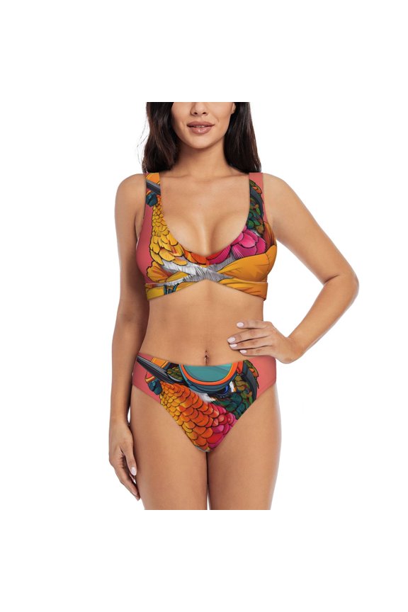 Hip Hummingbird In Jacket Print Women's 2 Piece High Waisted Wrap Spaghetti Strap Summer Swimsuit Bikini Set-Medium