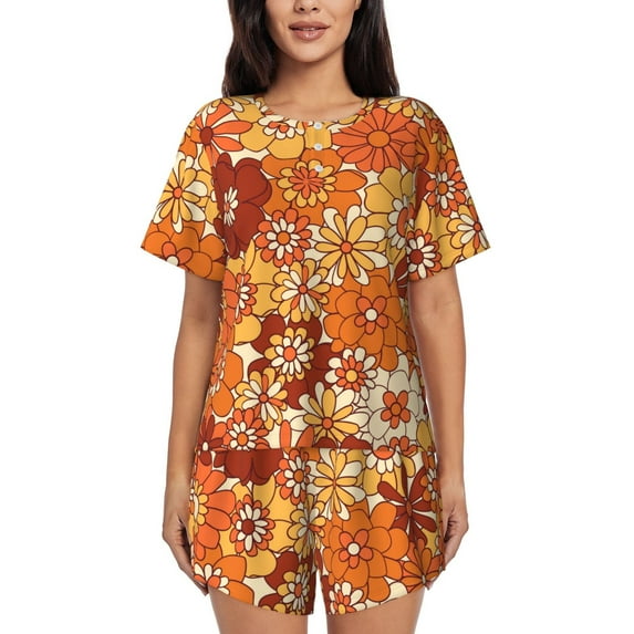 Kdxio Hippie Flower Print Pajamas Sets for Women Short-Sleeved Pjs with Lounge Shorts Two Piece Sleepwear S-4XL