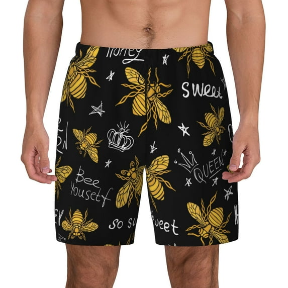 Kdxio Hohey Bee Golden Embroidery Print Men'S Swim Trunks With Compression Liner 7 Inch Inseam Quick Dry Swim Shorts