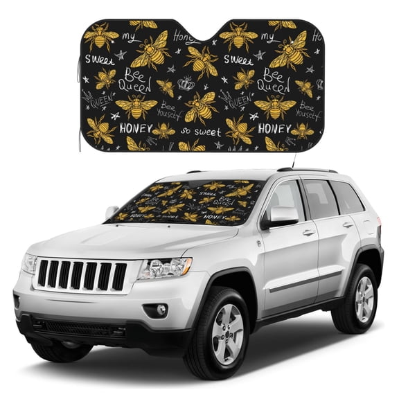 Kdxio Hohey Bee Golden Embroidery Print Windshield Sun Shade, Foldable Sun Blocker for Car,Truck,SUV Automotive Interior Sun Protection,Reflective Shade for Front Windshield(Small)