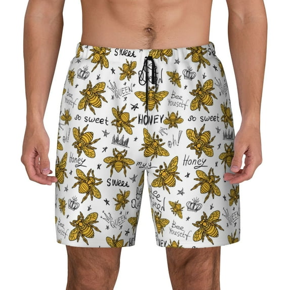 Kdxio Hohey Bee Golden2 Print Men'S Swim Trunks With Compression Liner 7 Inch Inseam Quick Dry Swim Shorts