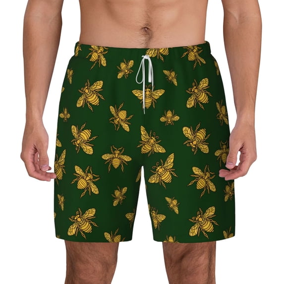 Kdxio Hohey Bee Print Men'S Swim Trunks With Compression Liner 7 Inch Inseam Quick Dry Swim Shorts