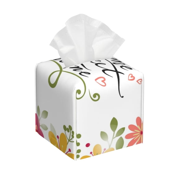 Kdxio Home Sweet Home Floral Print Tissue Box Cover,Square Decorative PU Leather Facial Paper Case Organizer Holder Dispenser for Bathroom,Night Stands,Desk,Car 5.2''X5.2''X5.2''