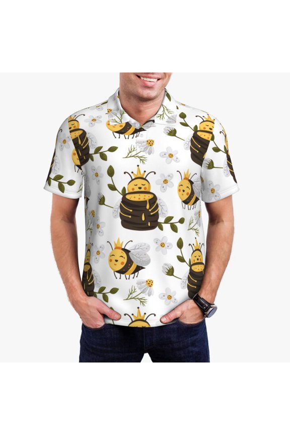 Honey Bee Insect Print Men's Short Sleeve Polo Shirt,Midweight Men's Shirt