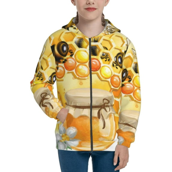 Kdxio Honey Bee Pattern Kids Boys Girls Zip Up Hoodie 3D Printed Hooded Sweatshirt Hoody Coat with Pocket 7-12 Y-Small