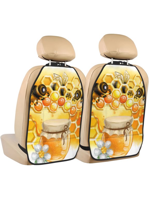 Honey Bee Print 2 Pack Car Kick Mat Seat Cover Back Protector Mat with Pockets for Organizer Backseat Protector and Storage Anti Kick Pad for Vehicles