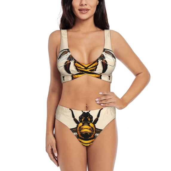 Kdxio Honey Bee Print Women's 2 Piece High Waisted Wrap Spaghetti Strap Summer Swimsuit Bikini Set-X-Large