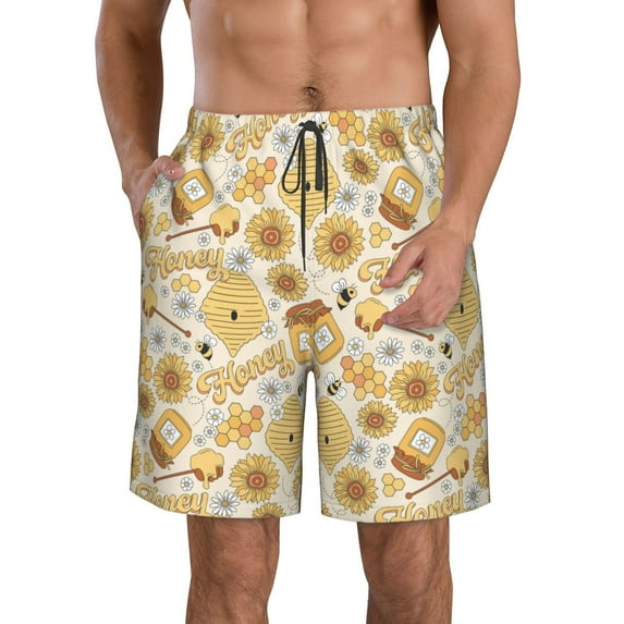 Kdxio Honey Honeycomb Pattern Mens Casual Shorts - Drawstring Summer Beach Sports Shorts for Men