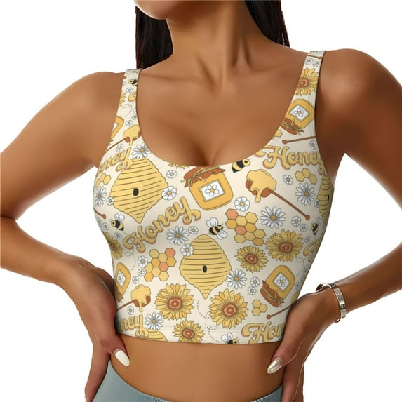 Kdxio Honey Honeycomb Print Workout Crop Tank Top for Women Racerback Yoga Tank Tops Athletic Sports Shirts Exercise Undershirts