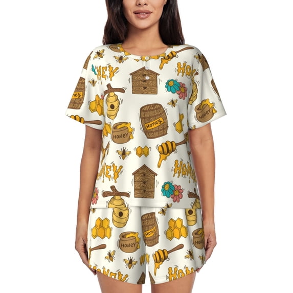 Kdxio Honeycomb And Honey Print Pajamas Sets for Women Short-Sleeved Pjs with Lounge Shorts Two Piece Sleepwear S-4XL