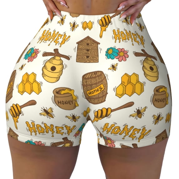 Kdxio Honeycomb And Honey Print Workout Shorts for Women Seamless Soft Smooth Gym Yoga Scrunch Active Shorts