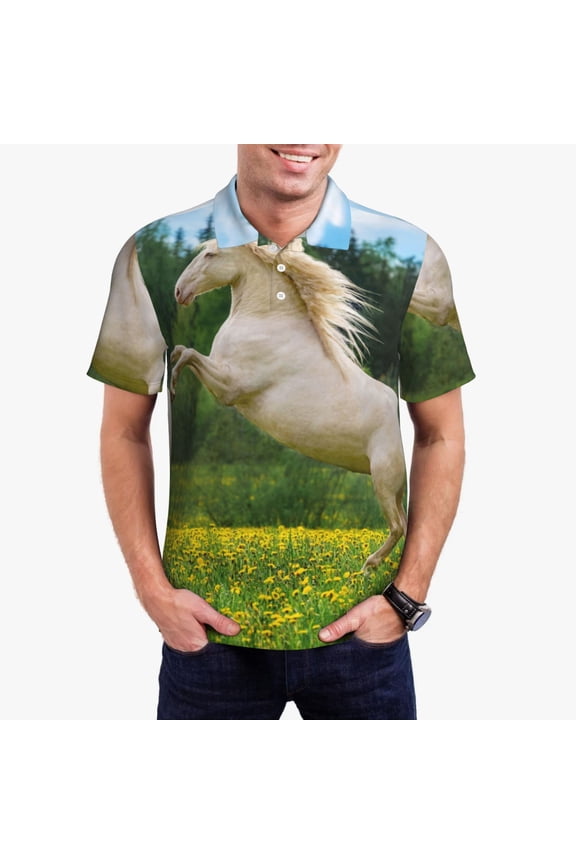Horse Rearing Up In The Field Print Men's Short Sleeve Polo Shirt,Midweight Men's Shirt-XX-Large