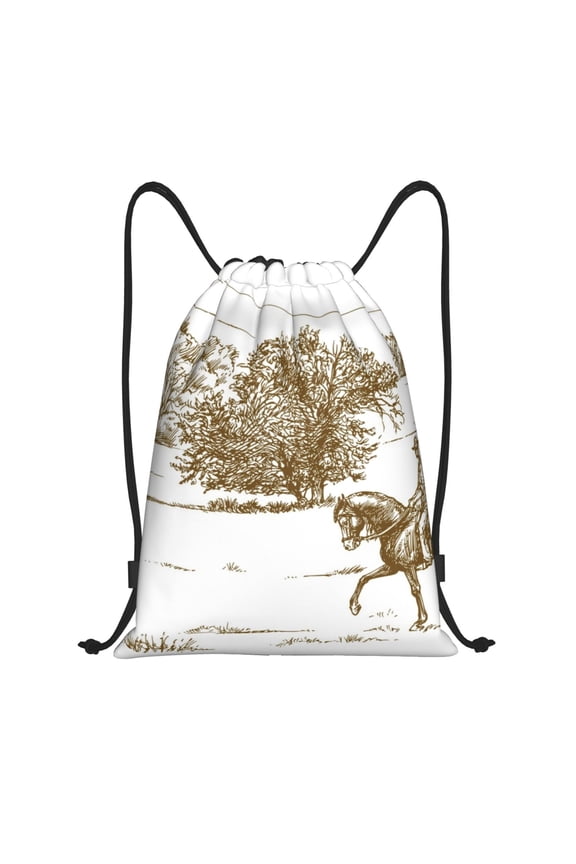 Horse Rider In Field Print Drawstring Backpack Bag,Waterproof Draw String Back Sack, Gym Drawstring Bags Swim Bag For Unisex