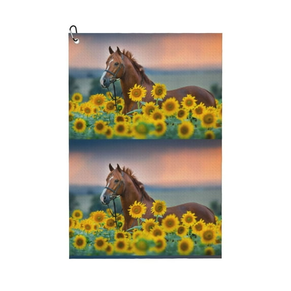 Kdxio Horse Sunflowers Pattern Golf Towel (24" X 16") with Carabiner Clip - The Convenient Golf Cleaning Towel
