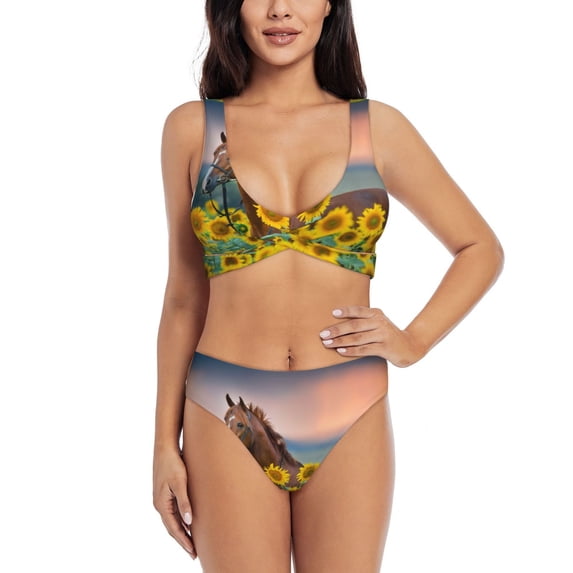 Kdxio Horse Sunflowers Print Women's 2 Piece High Waisted Wrap Spaghetti Strap Summer Swimsuit Bikini Set-