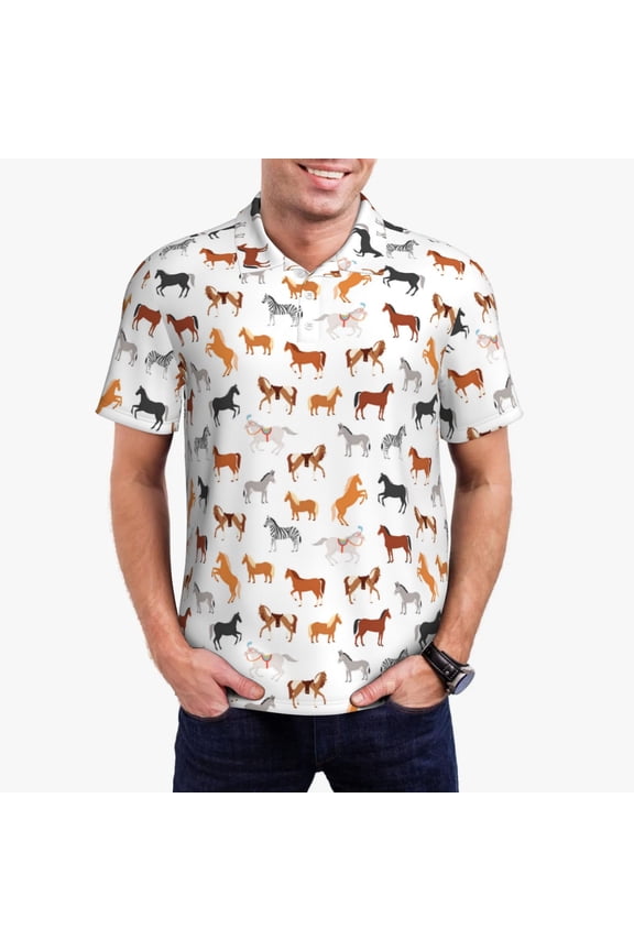 Horses Print Men's Short Sleeve Polo Shirt,Midweight Men's Shirt-Medium