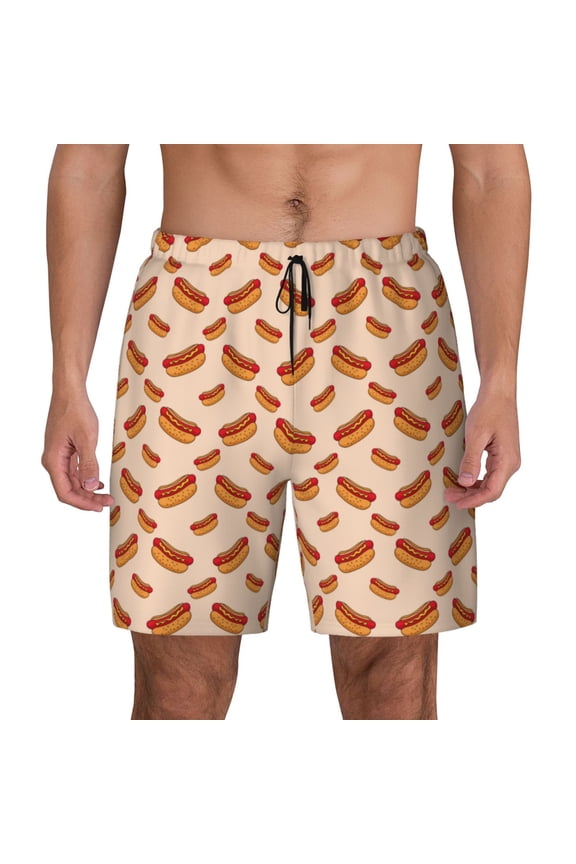 Hot Dog 2 Print Men's Swim Trunks with Compression Liner 7 Inch Inseam Quick Dry Swim Shorts