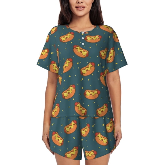 Kdxio Hot Dog 6 Print Pajamas Sets for Women Short-Sleeved Pjs with Lounge Shorts Two Piece Sleepwear S-4XL