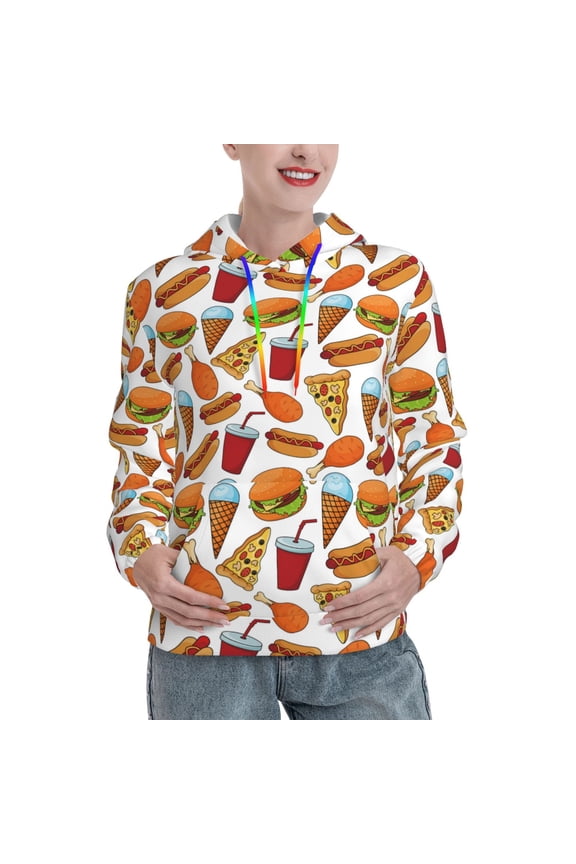 Hot Dog Burger Print Womens Oversized Hoodies Sweatshirts Hooded Pullover Tops Sweaters Casual-XX-Large