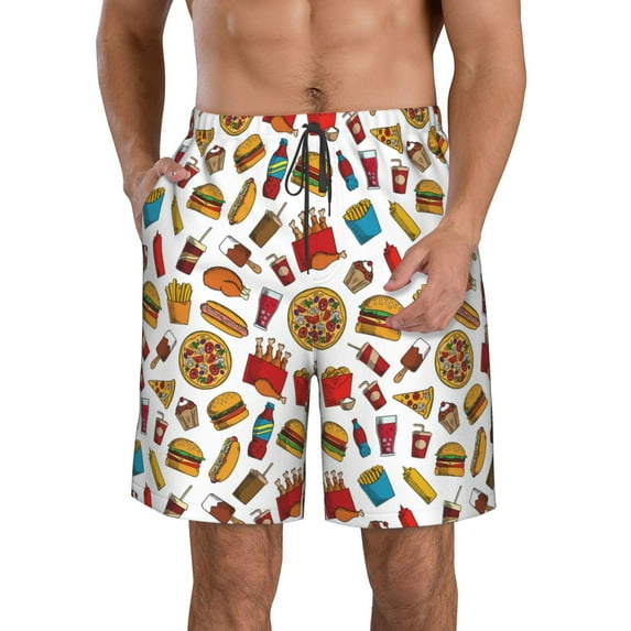 Kdxio Hot Dog Pizza Pattern Mens Casual Shorts - Drawstring Summer Beach Sports Shorts for Men