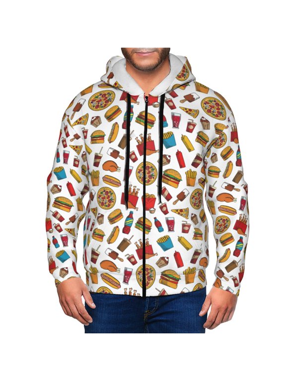 Hot Dog Pizza Print Men Hoodies Casual Hoodies for Men with Zip Pockets Full Zip Long Sleeve Sweatshirt Sports Hooded Jacket-Small