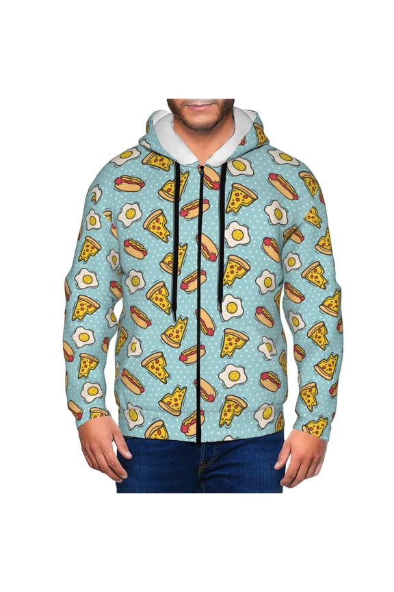 Hot Dog Pizza Print Men Hoodies Casual Hoodies for Men with Zip Pockets Full Zip Long Sleeve Sweatshirt Sports Hooded Jacket-Small