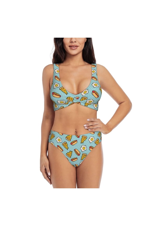 Hot Dog Pizza Print Women's 2 Piece High Waisted Wrap Spaghetti Strap Summer Swimsuit Bikini Set-Medium