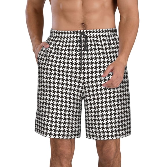 Kdxio Houndstooth Black And White Pattern Mens Casual Shorts - Drawstring Summer Beach Sports Shorts for Men