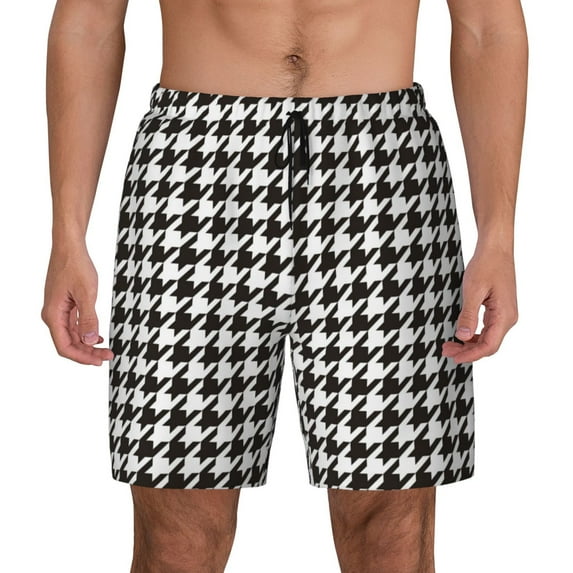 Kdxio Houndstooth Black And White Print Men'S Swim Trunks With Compression Liner 7 Inch Inseam Quick Dry Swim Shorts