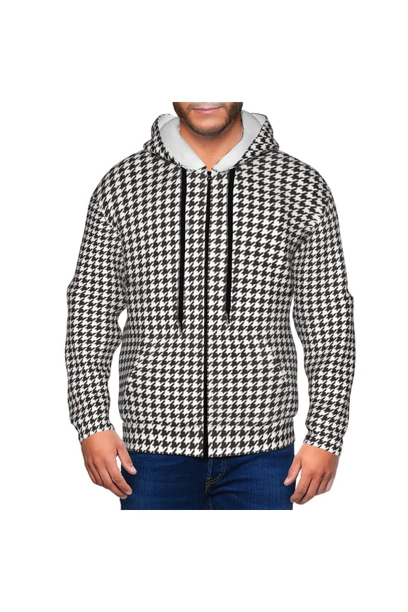 Houndstooth Black And White Print Men Hoodies Casual Hoodies for Men with Zip Pockets Full Zip Long Sleeve Sweatshirt Sports Hooded Jacket-Small