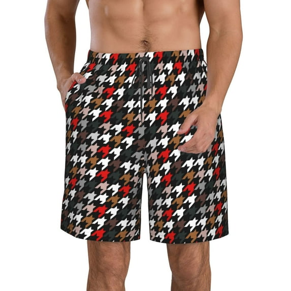 Kdxio Houndstooth Green Red Pattern Mens Casual Shorts - Drawstring Summer Beach Sports Shorts for Men