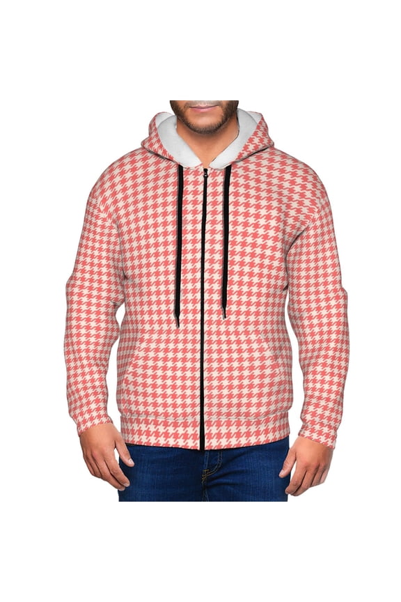 Houndstooth With Red And White Print Men Hoodies Casual Hoodies for Men with Zip Pockets Full Zip Long Sleeve Sweatshirt Sports Hooded Jacket-Large