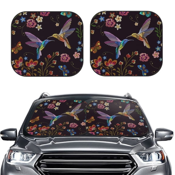 Kdxio Humming Bird And Tropical Flowers Print 2-Piece Sun Shade Front Windshield - Foldable Car Front Window Sunshades For Most Sedans Suv Truck