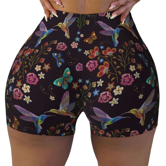 Kdxio Humming Bird And Tropical Flowers Print Workout Shorts for Women Seamless Soft Smooth Gym Yoga Scrunch Active Shorts