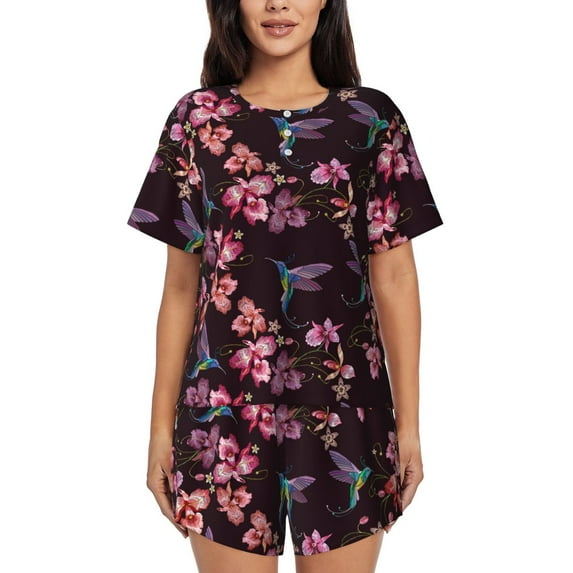 Kdxio Humming Bird And Tropical Print Pajamas Sets for Women Short-Sleeved Pjs with Lounge Shorts Two Piece Sleepwear S-4XL