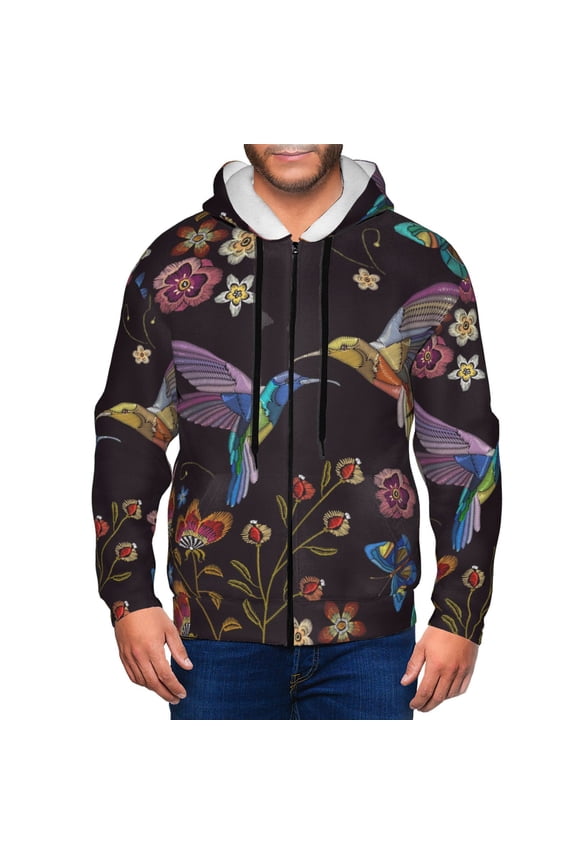 Humming Bird Print Men Hoodies Casual Hoodies for Men with Zip Pockets Full Zip Long Sleeve Sweatshirt Sports Hooded Jacket-Large